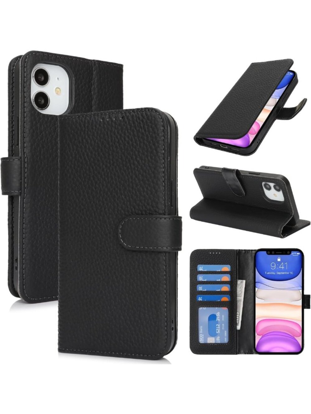 Genuine Leather Wallet Case for iPhone 11 - RFID Blocking, 4 Card Slots